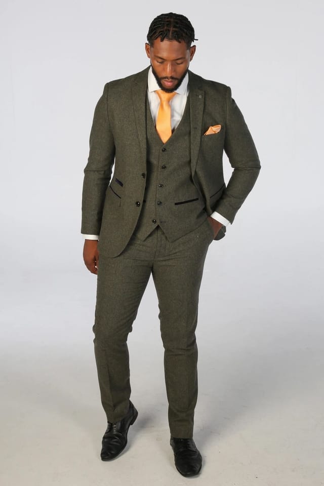 Paul Andrew Paul Andrew Men's 3 Piece Suit Wool Blend Tweed Tailored Fit Formal Dress in Olive - 2