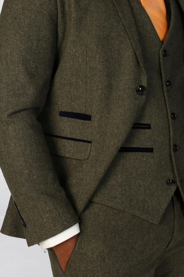 Paul Andrew Paul Andrew Men's 3 Piece Suit Wool Blend Tweed Tailored Fit Formal Dress in Olive - 3