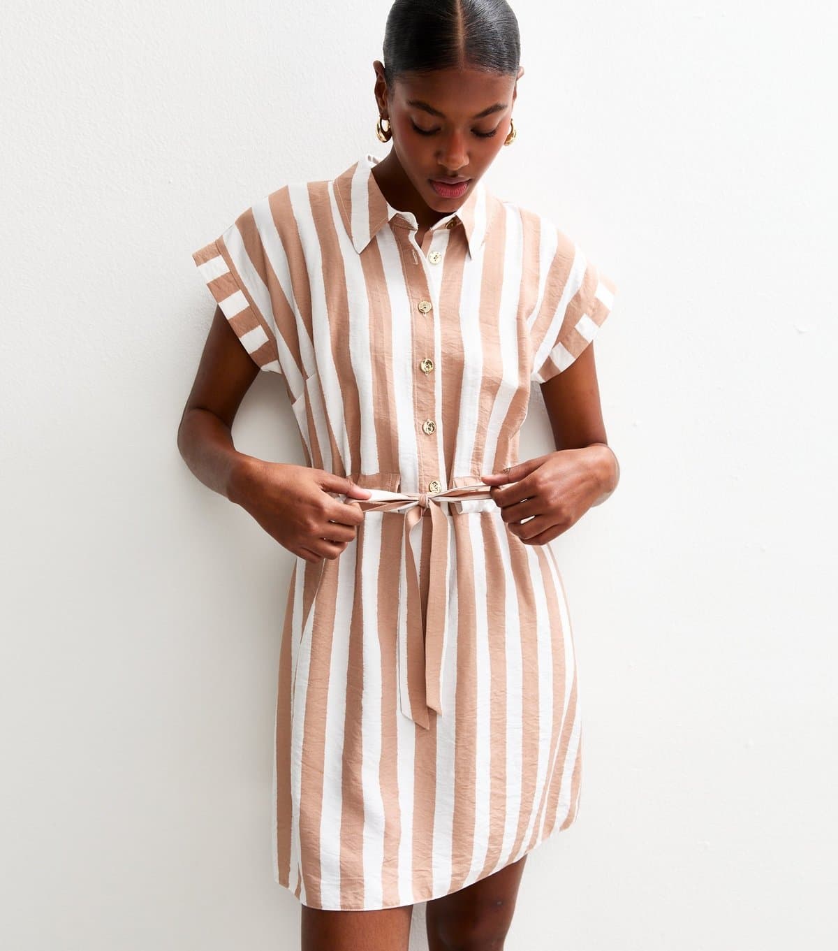 New Look Women's Brown Striped Tie Waist Mini Shirt Dress New Look
