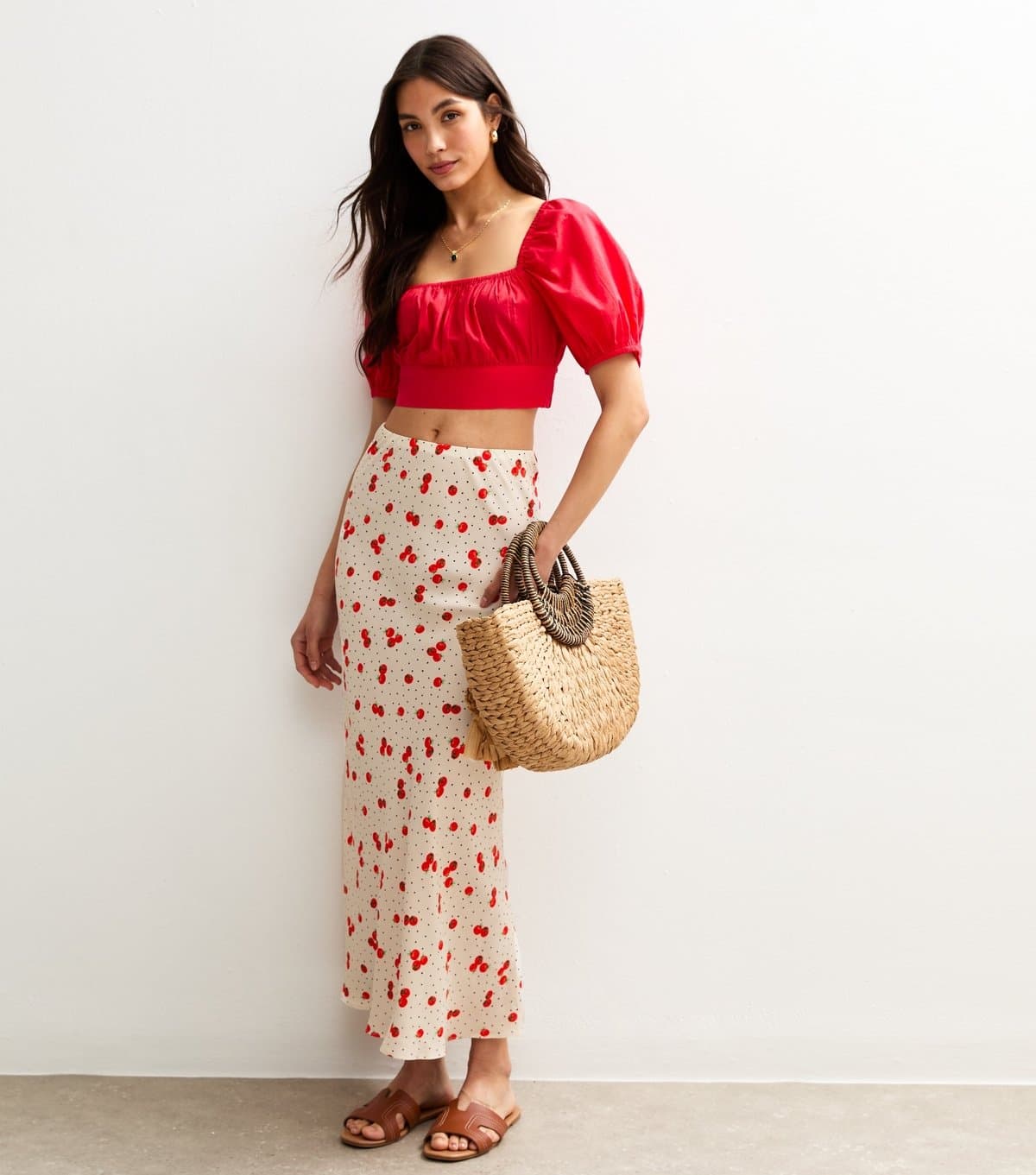 New Look Women's White Tomato Print Bias Cut Midi Skirt New Look
