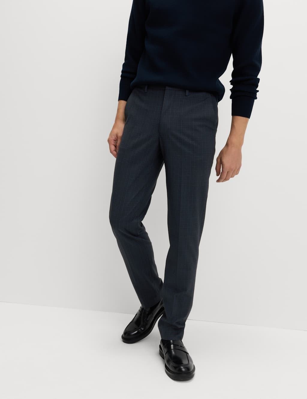 Marks & Spencer M&S Tailored Fit Check Suit Trousers Dark Navy