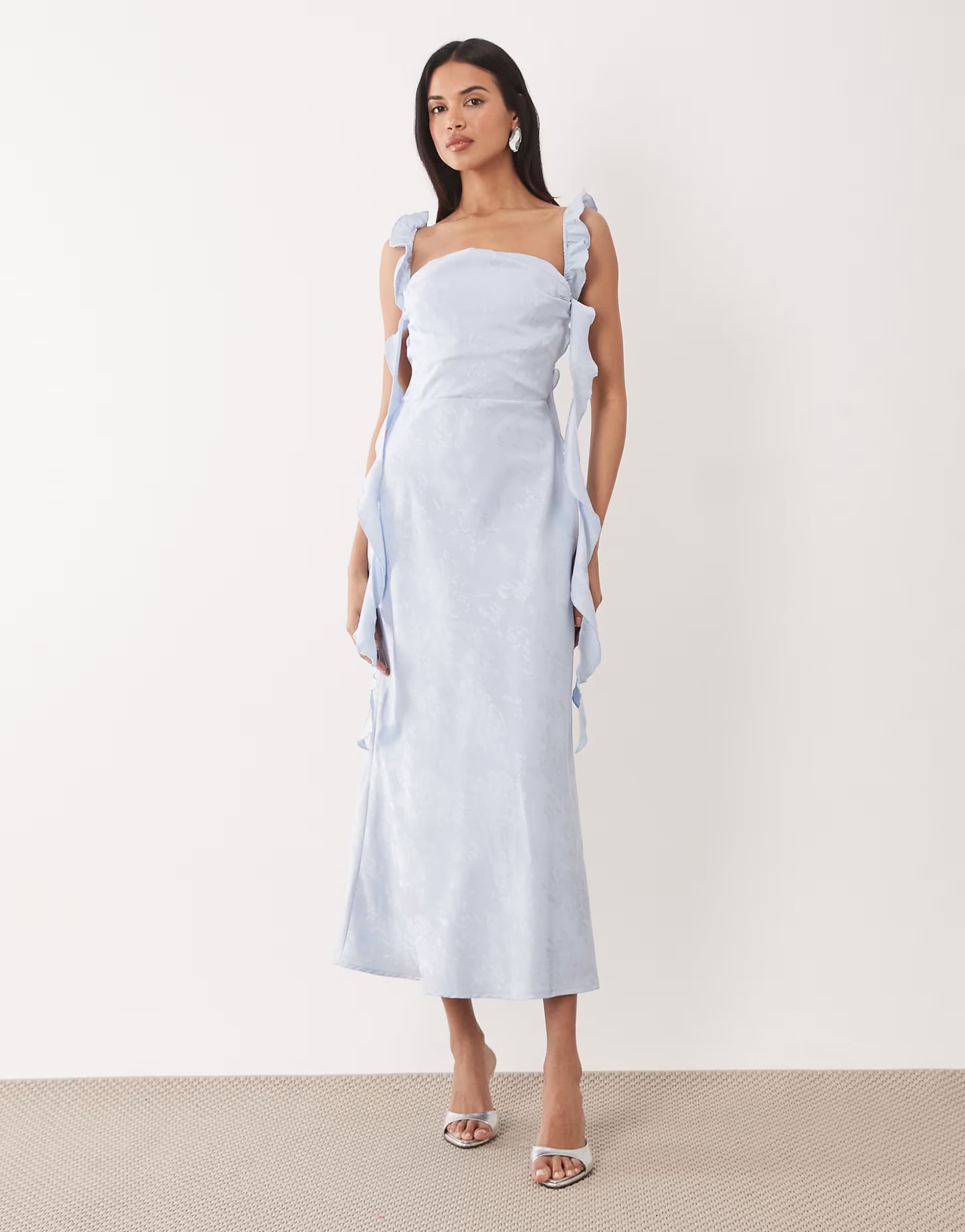 ASOS Rare London ruched drape detail lace trim floral jacquard satin dress in light blue