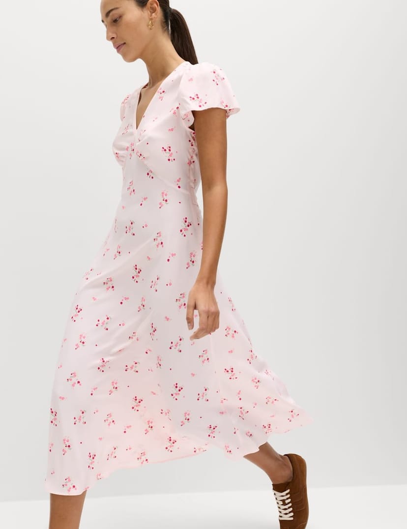 Marks & Spencer M&S Printed V-Neck Midi Tea Dress Pink Mix - 1