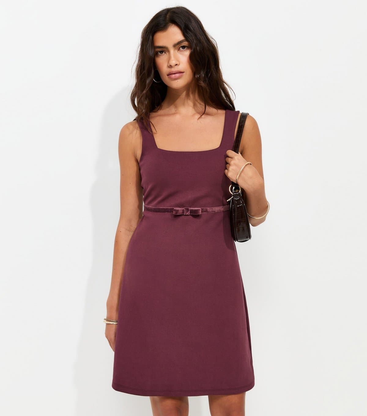 New Look Women's Dark Burgundy Cotton Rich Velvet Underbust Bow Ponte Jersey Mini Dress New Look