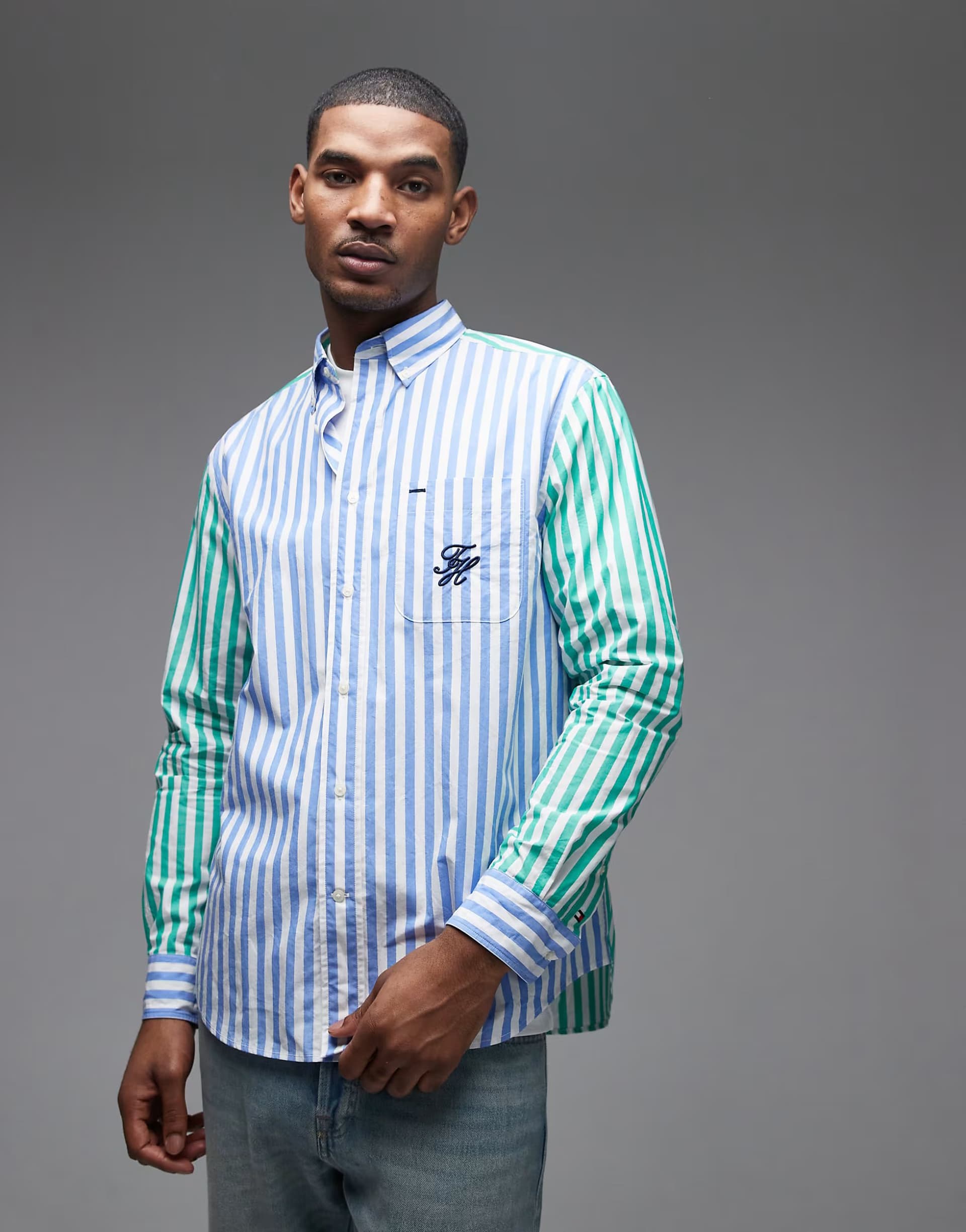 ASOS Tommy Hilfiger paper touch shirt in green & blue stripe