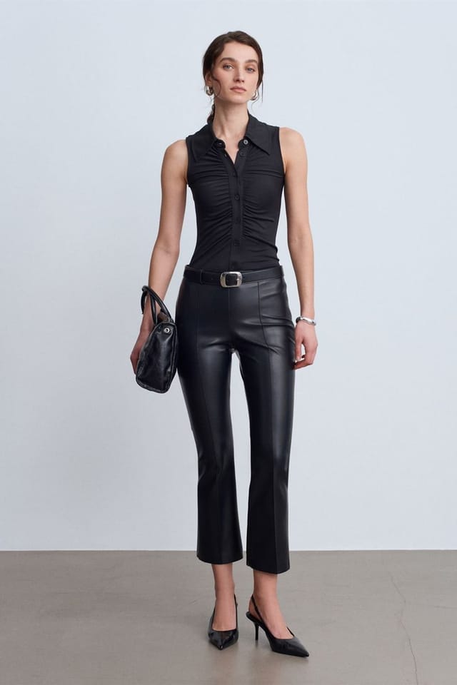Dilvin Dilvin Women's High-Waist Faux Leather Flare Leggings in Black - 3