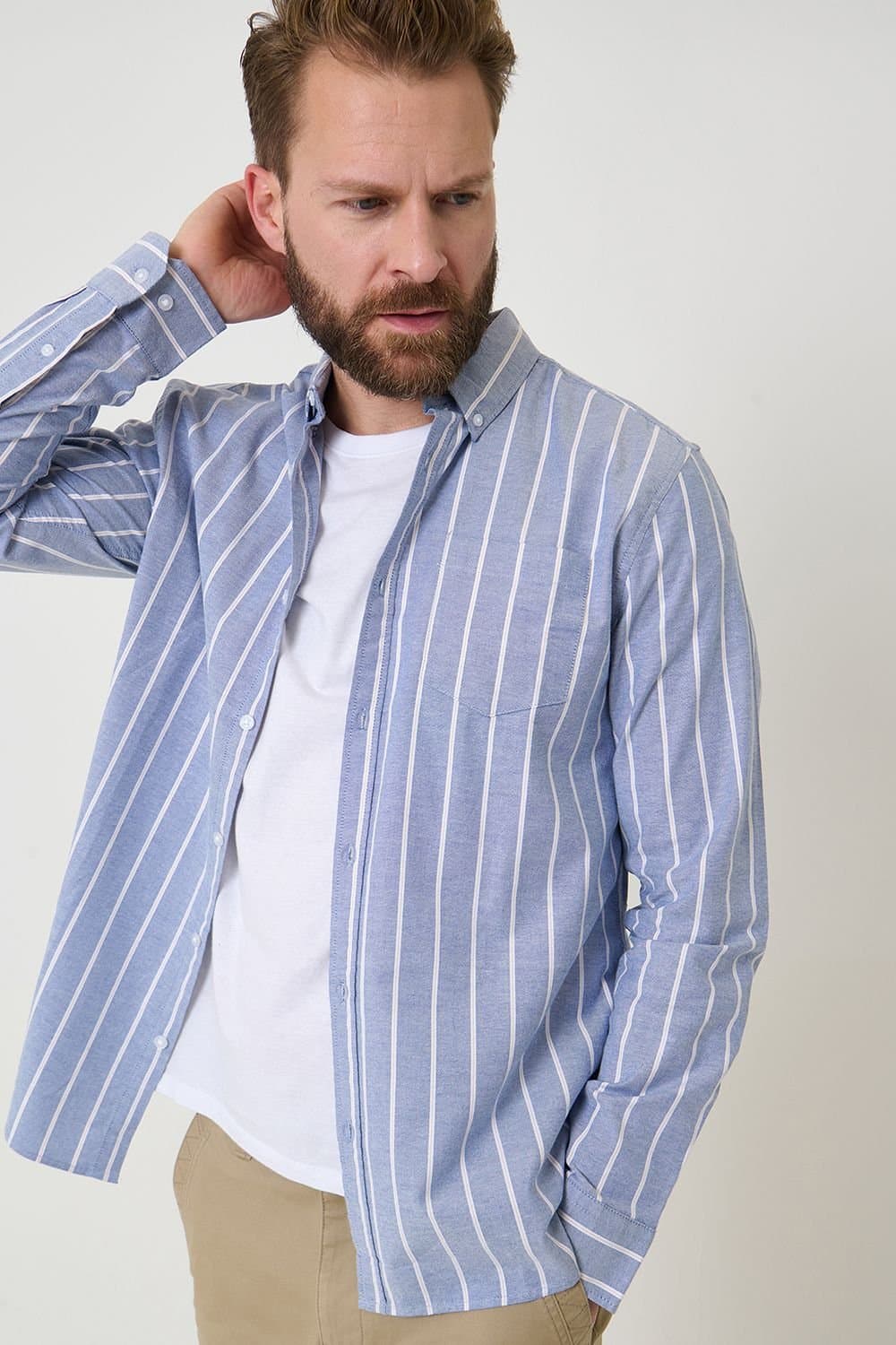 Saltwell Saltwell Men's Stripe Long Sleeve Oxford Shirt in Blue