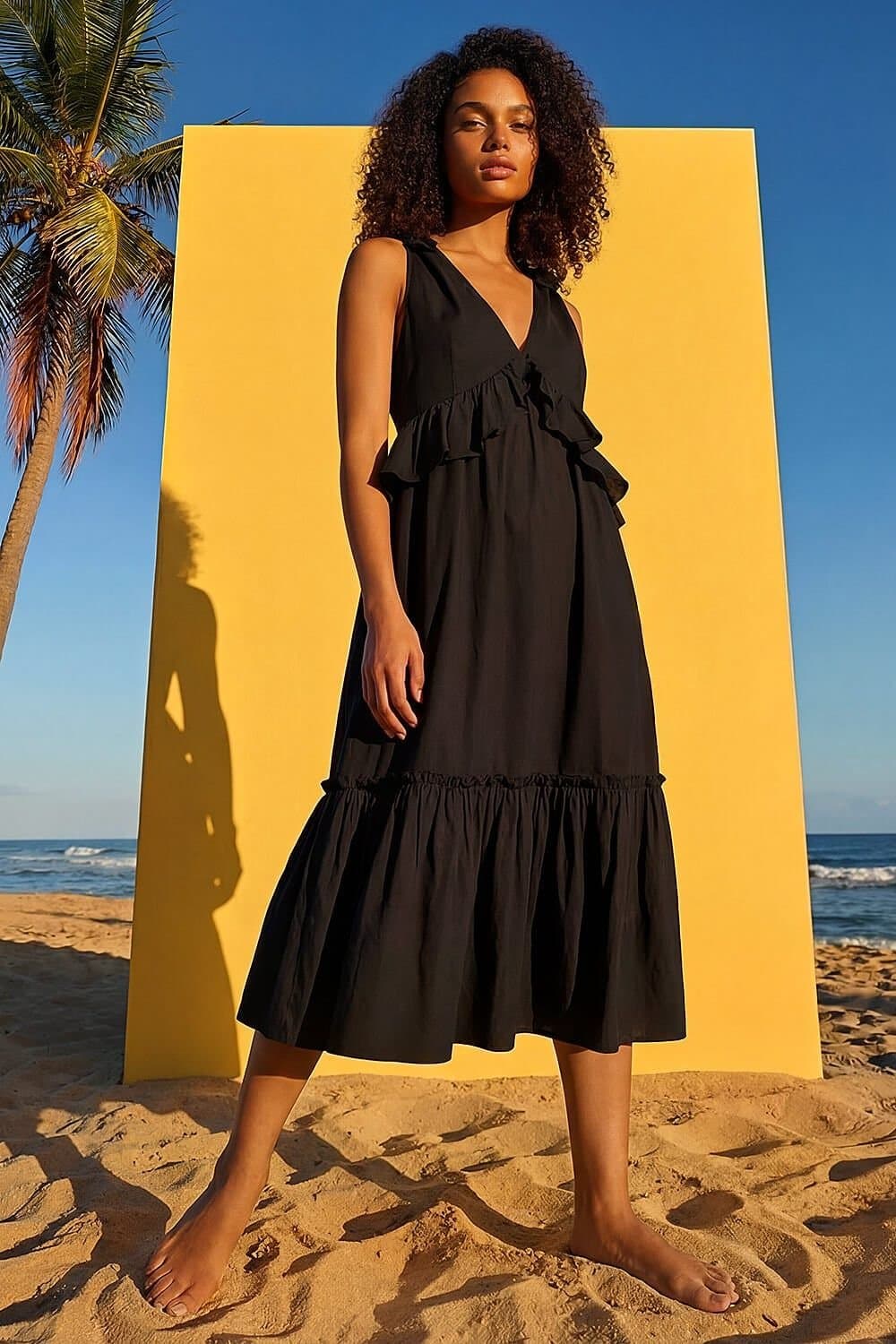 DUSK Dusk Black Cotton Poplin Midi Dress with Bow Detail