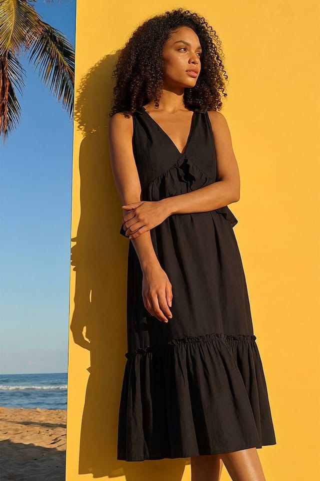 DUSK Dusk Women's Bow Detail Poplin Midi Dress in Black - 2