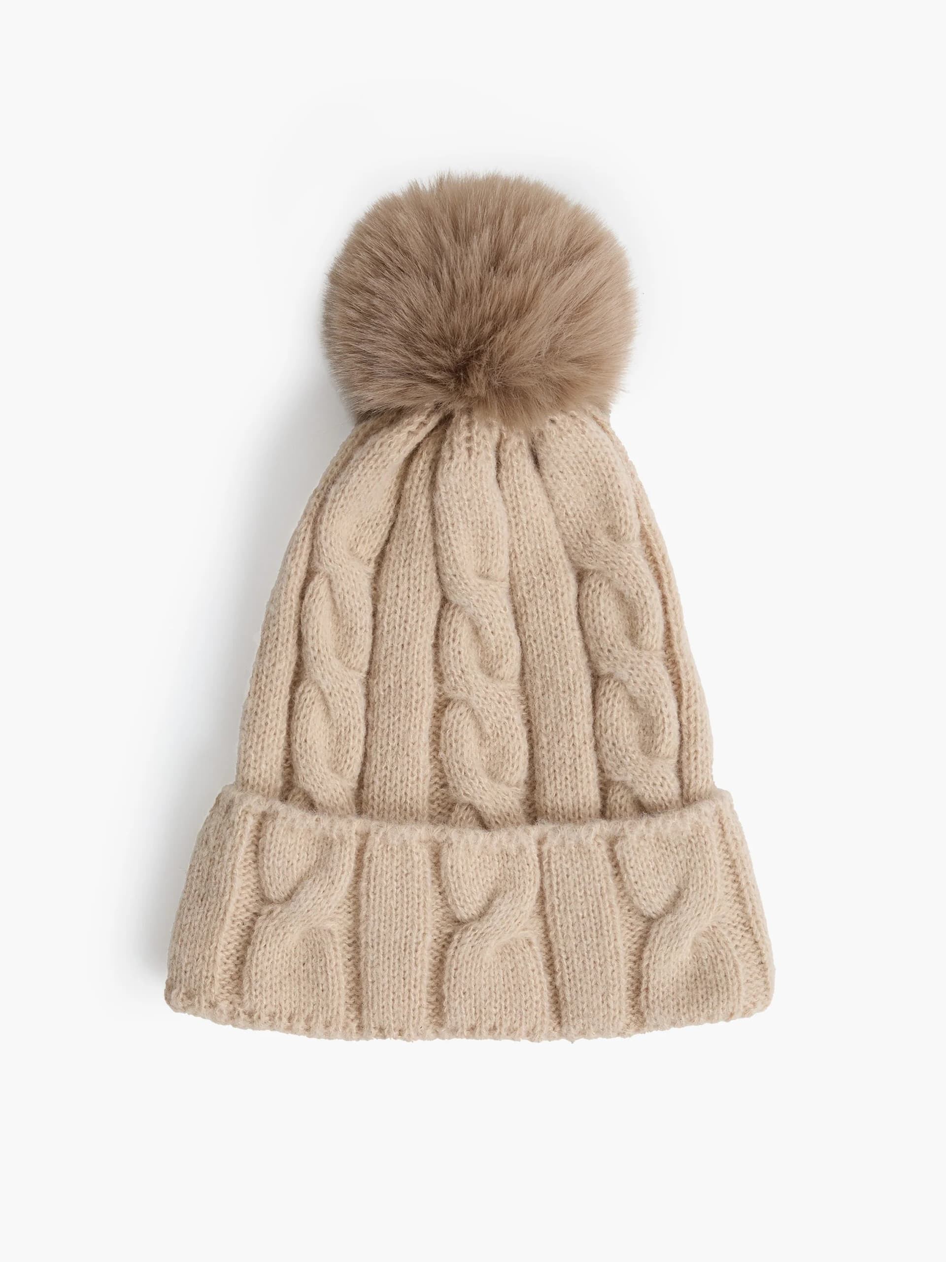 French Connection French Connection Camel Cable Knit Pom Beanie Hat