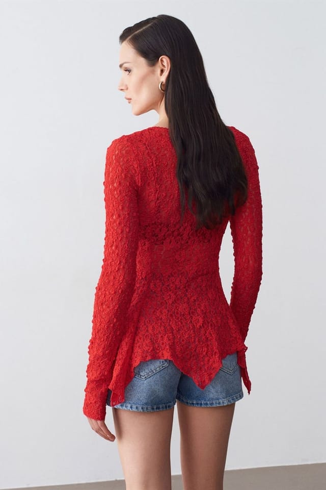 Dilvin Dilvin Women's Lace V-Neck Button Cardigan in Red - 2