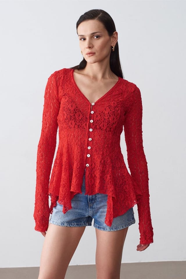 Dilvin Dilvin Women's Lace V-Neck Button Cardigan in Red - 3