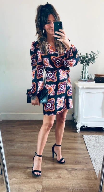 Never Fully Dressed Never Fully Dressed black purple orange crochet effect print wrap mini dress size 10