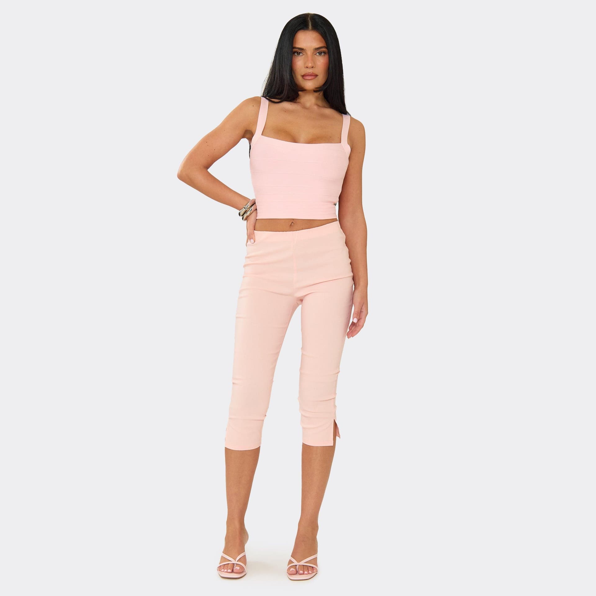 EGO Low Rise Split Hem Capri Trousers In Baby Pink, Women's Size UK 6