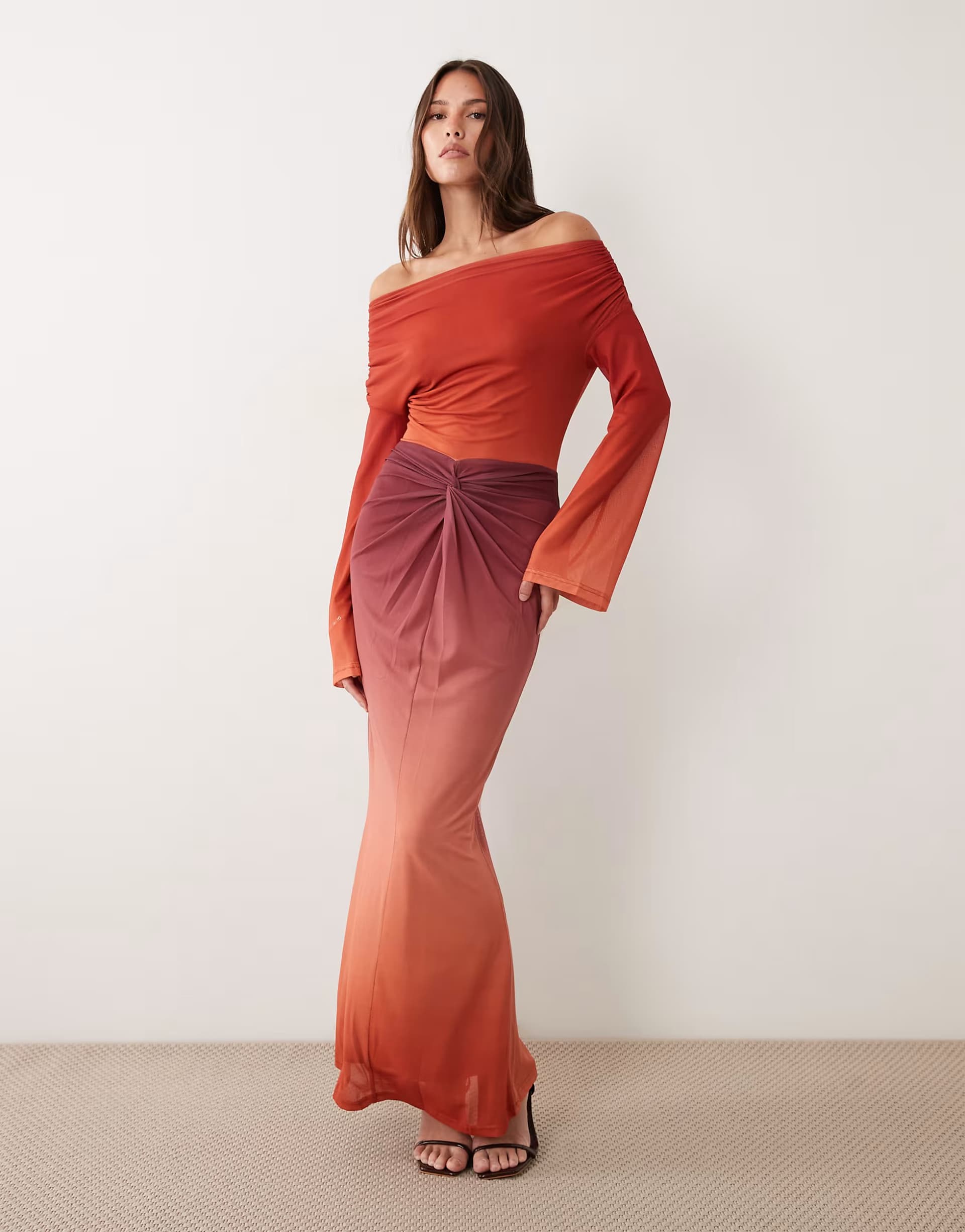ASOS Ruched & Ready sculpting mesh off shoulder wide sleeve twist skirt detail maxi dress in plum ombre