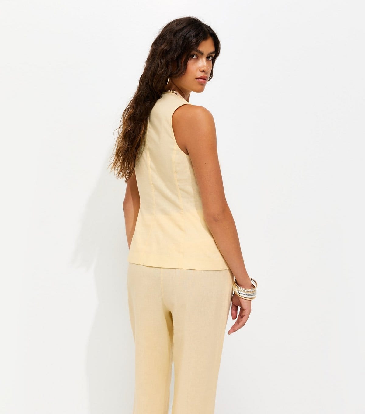 New Look Women's Light Yellow Linen Rich Button Through Peplum Waistcoat New Look - 4