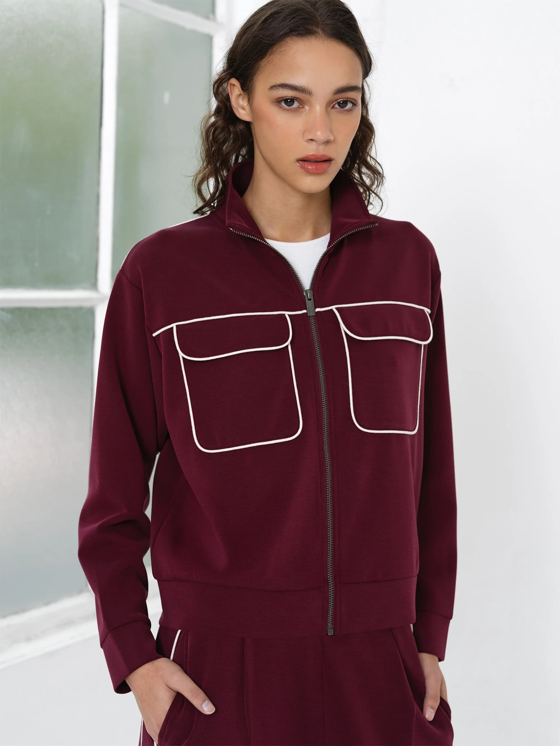 French Connection Wren Jersey Zip Up Piping Long Sleeve Sweatshirt Berry Red