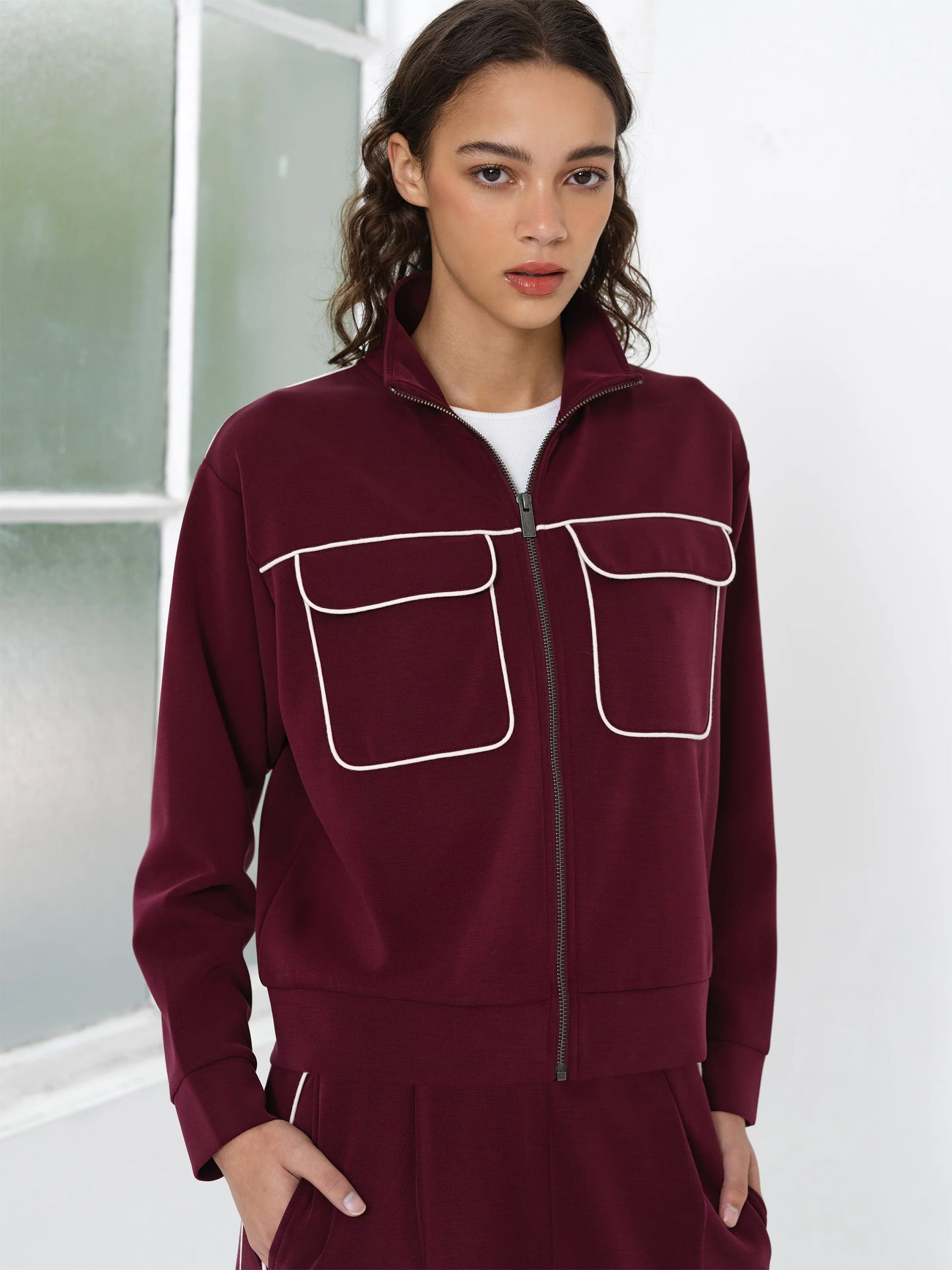 French Connection Berry Red Jersey Zip-Up Sweatshirt