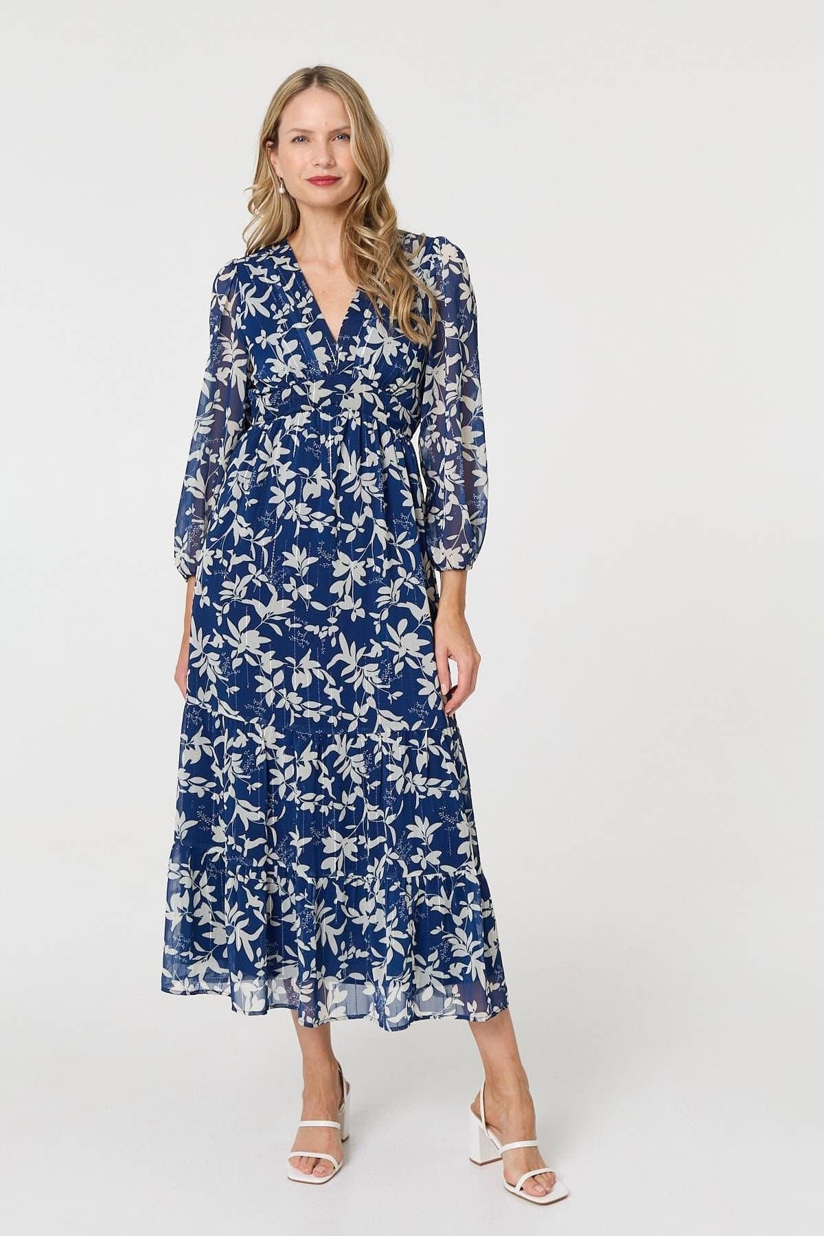 Izabel London Izabel London Women's Leaf Print Sheer Layer Empire Maxi Dress in Blue