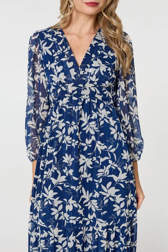 Izabel London Izabel London Women's Leaf Print Sheer Layer Empire Maxi Dress in Blue - 2