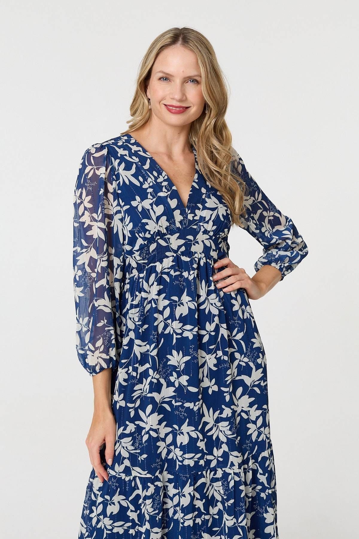 Izabel London Izabel London Women's Leaf Print Sheer Layer Empire Maxi Dress in Blue - 4