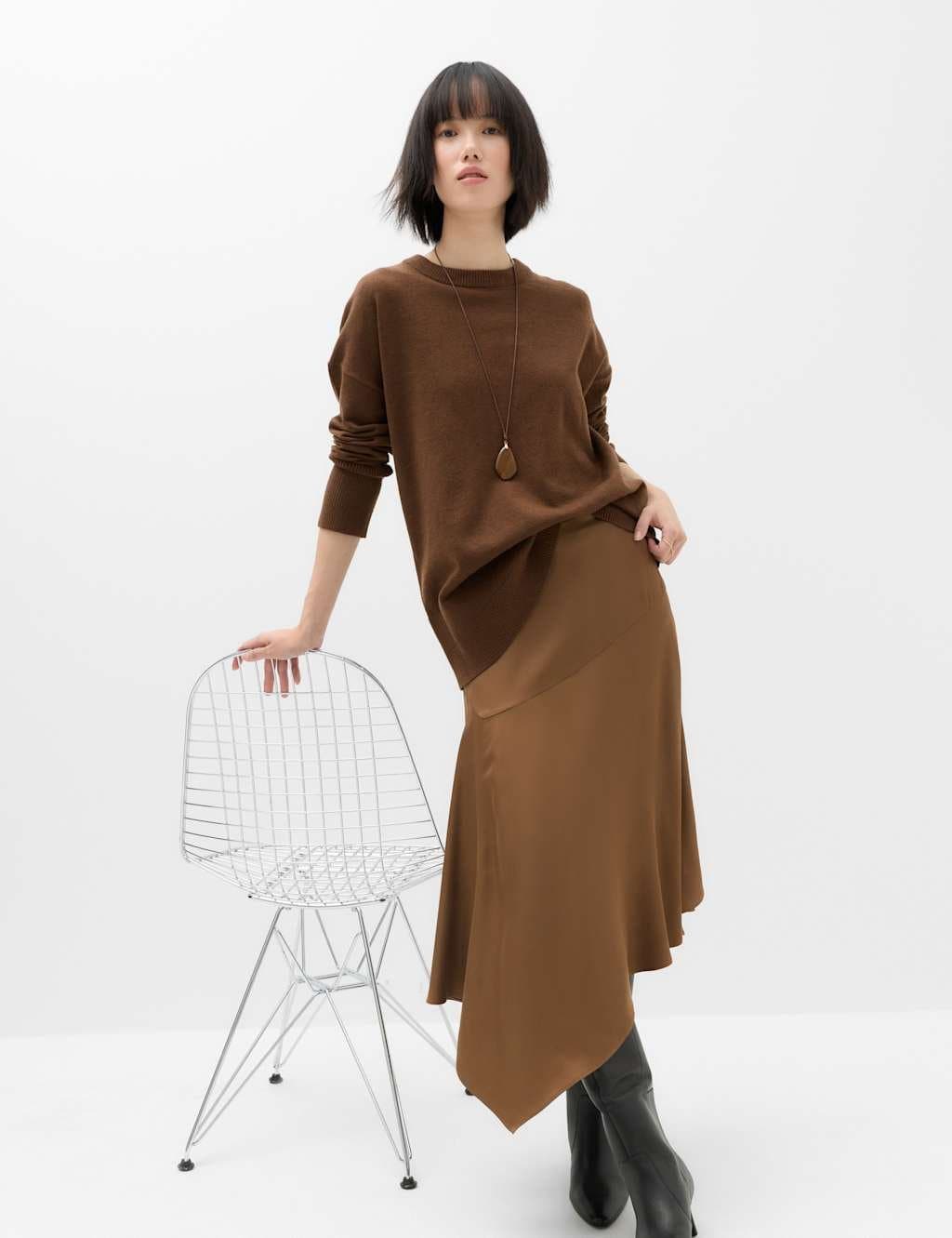 Marks & Spencer M&S Satin Midi Asymmetric Skirt Toffee
