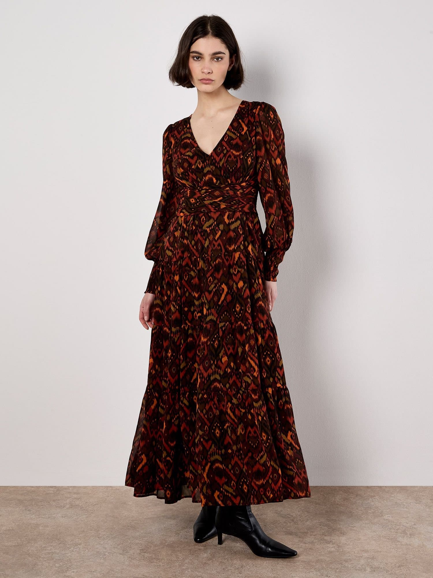 Apricot Apricot Women's Ikat Chiffon Tiered Maxi Dress in Burgundy