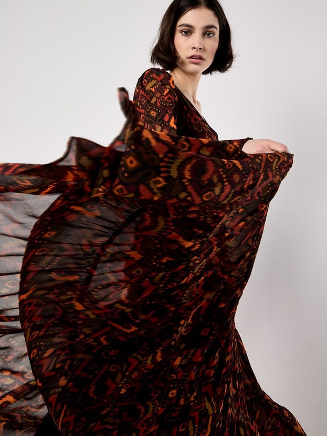 Apricot Apricot Women's Ikat Chiffon Tiered Maxi Dress in Burgundy - 2