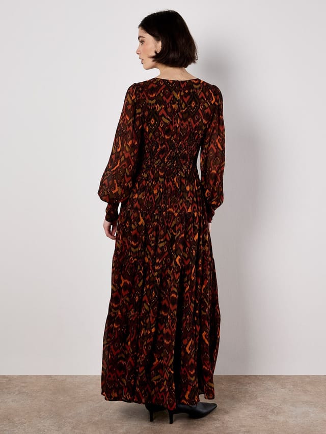 Apricot Apricot Women's Ikat Chiffon Tiered Maxi Dress in Burgundy - 3