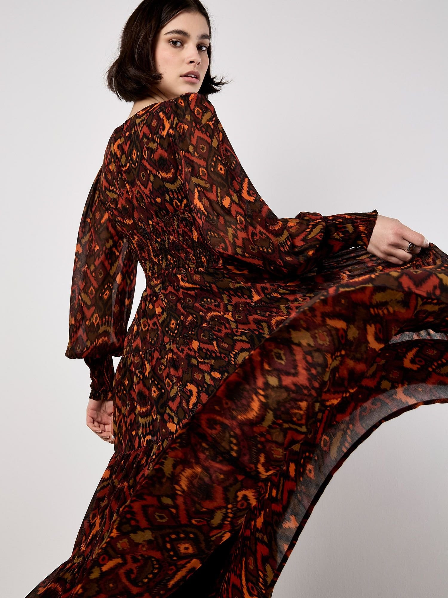 Apricot Apricot Women's Ikat Chiffon Tiered Maxi Dress in Burgundy - 4