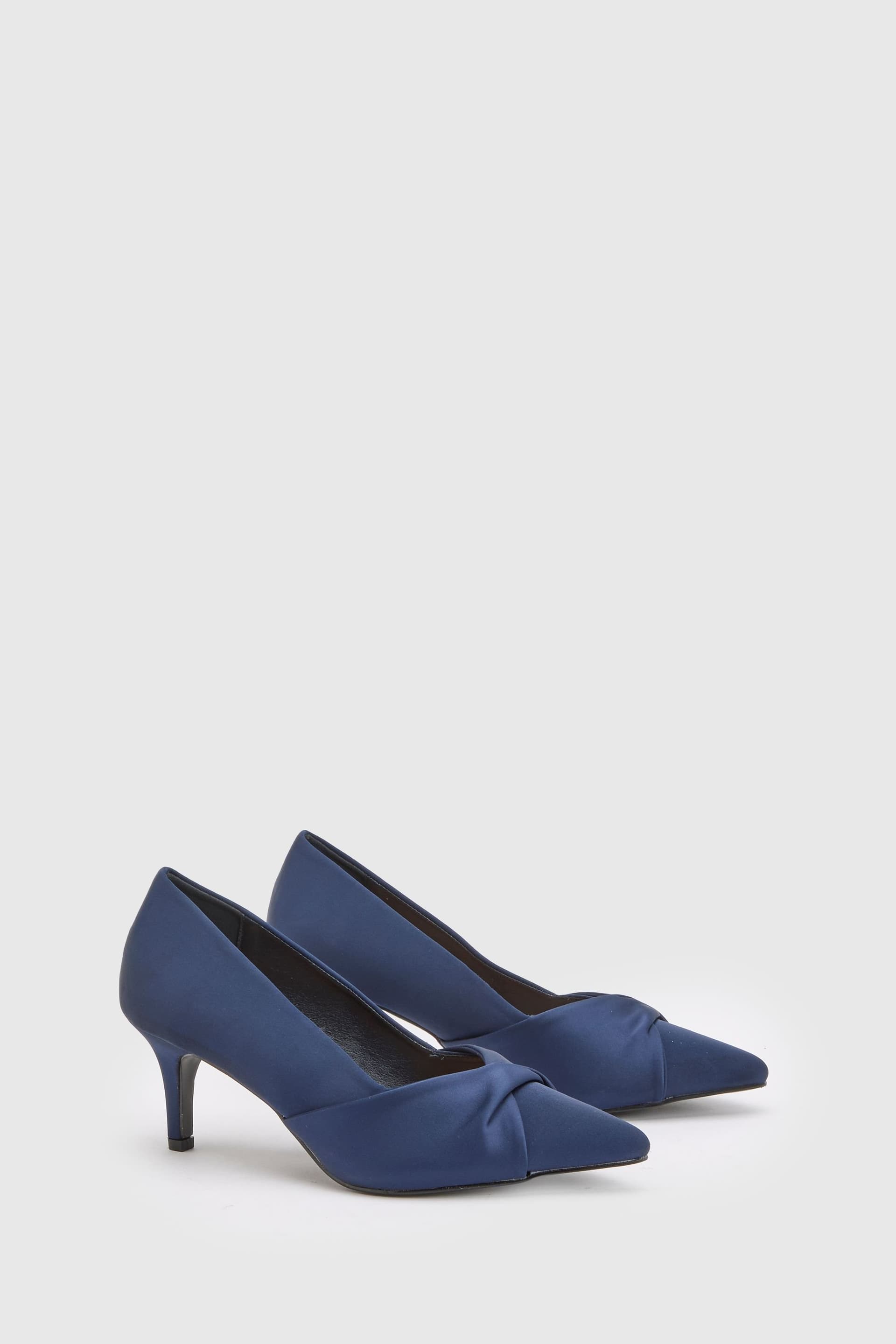 Wallis Wallis Women's Wide Fit Delina Satin Twist Front Kitten Heel Comfort Sock Court Shoes in Navy