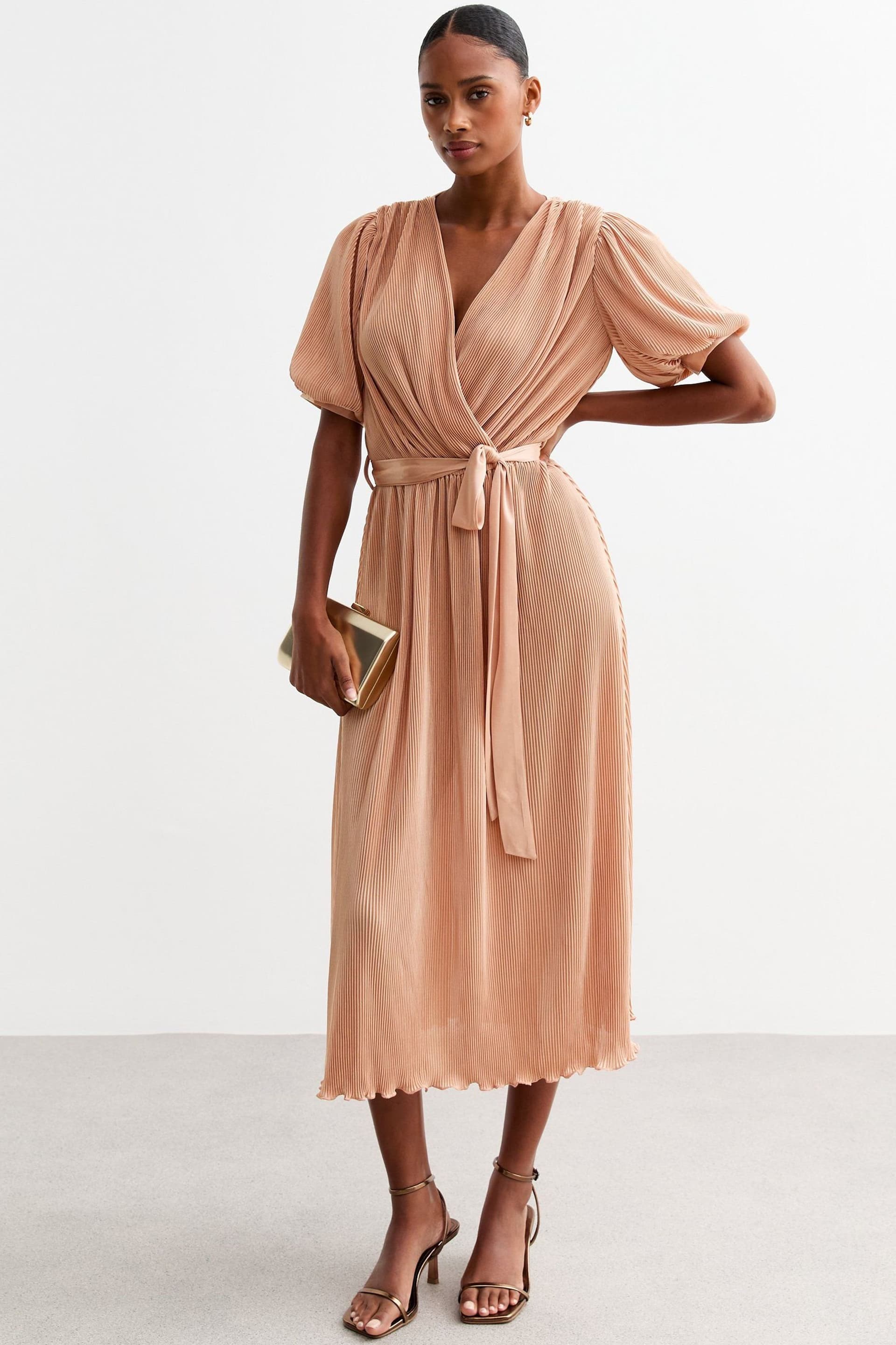 Gini London Gini London Women's Nude Short Sleeves Plisse Wrap Midi Dress