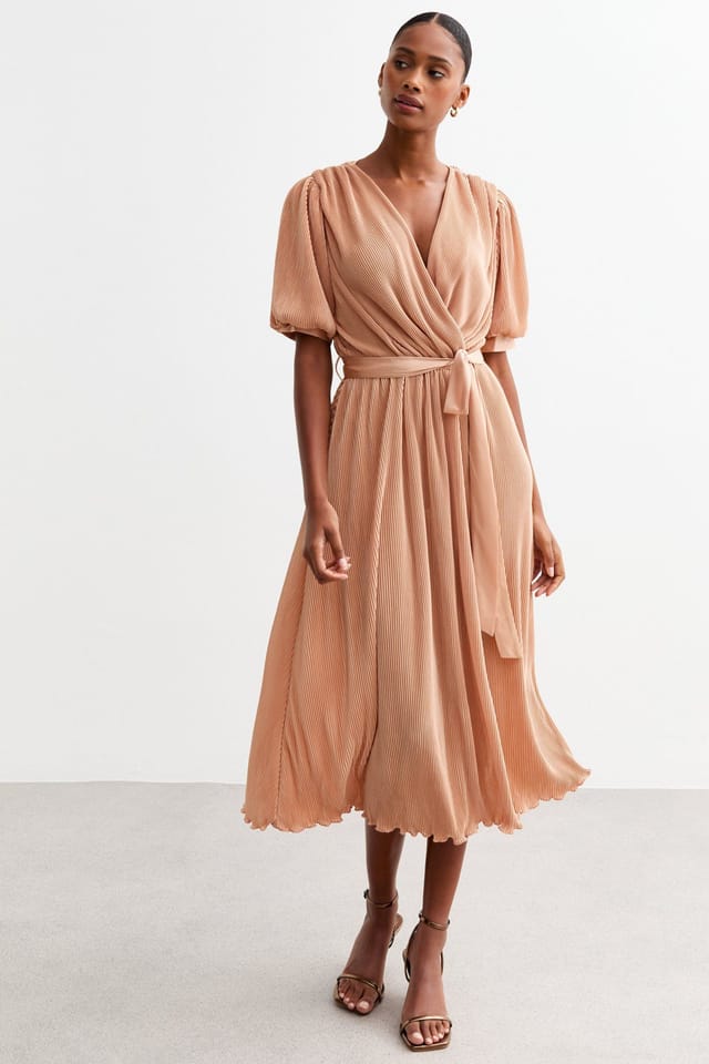 Gini London Gini London Women's Nude Short Sleeves Plisse Wrap Midi Dress - 3