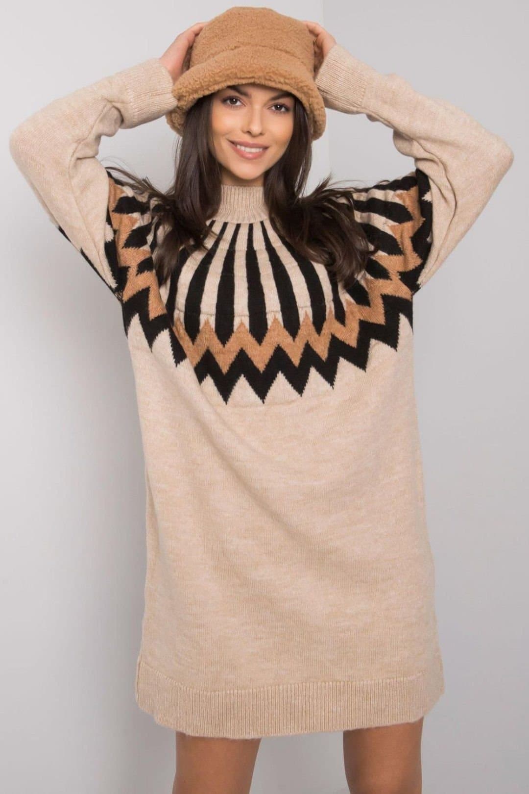 Love Lace Love Lace Women's Geometric Knit Turtleneck Long Sleeve Dress in Beige