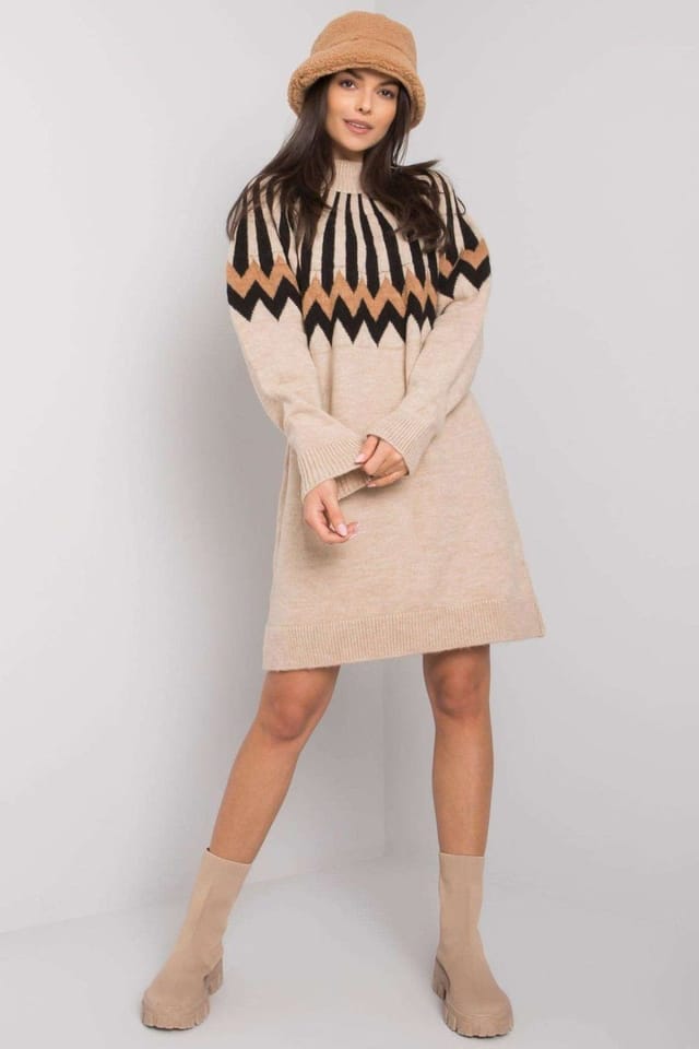 Love Lace Love Lace Women's Geometric Knit Turtleneck Long Sleeve Dress in Beige - 2