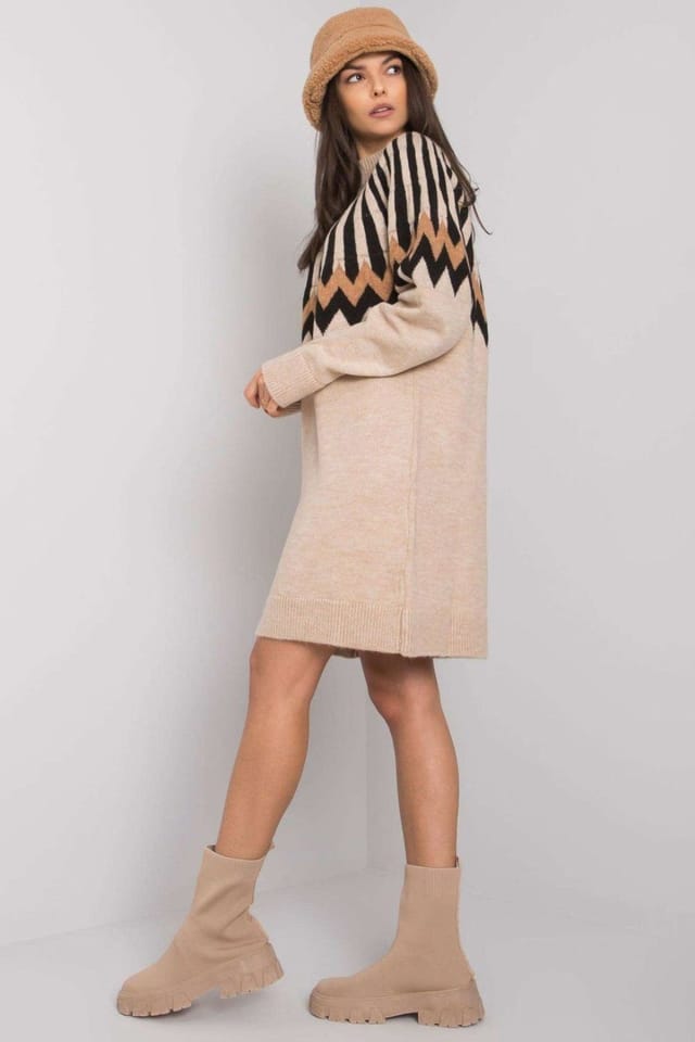 Love Lace Love Lace Women's Geometric Knit Turtleneck Long Sleeve Dress in Beige - 3