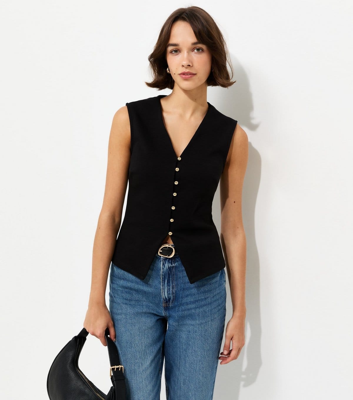 New Look Black Cotton Rich Ponte V-Neck Waistcoat