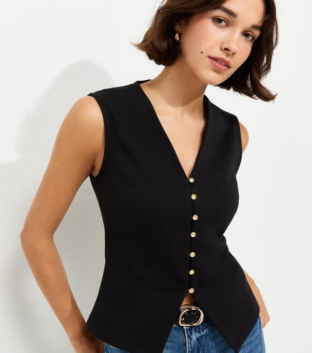 New Look Women's Black Cotton Rich Ponte V-Neck Waistcoat New Look - 2