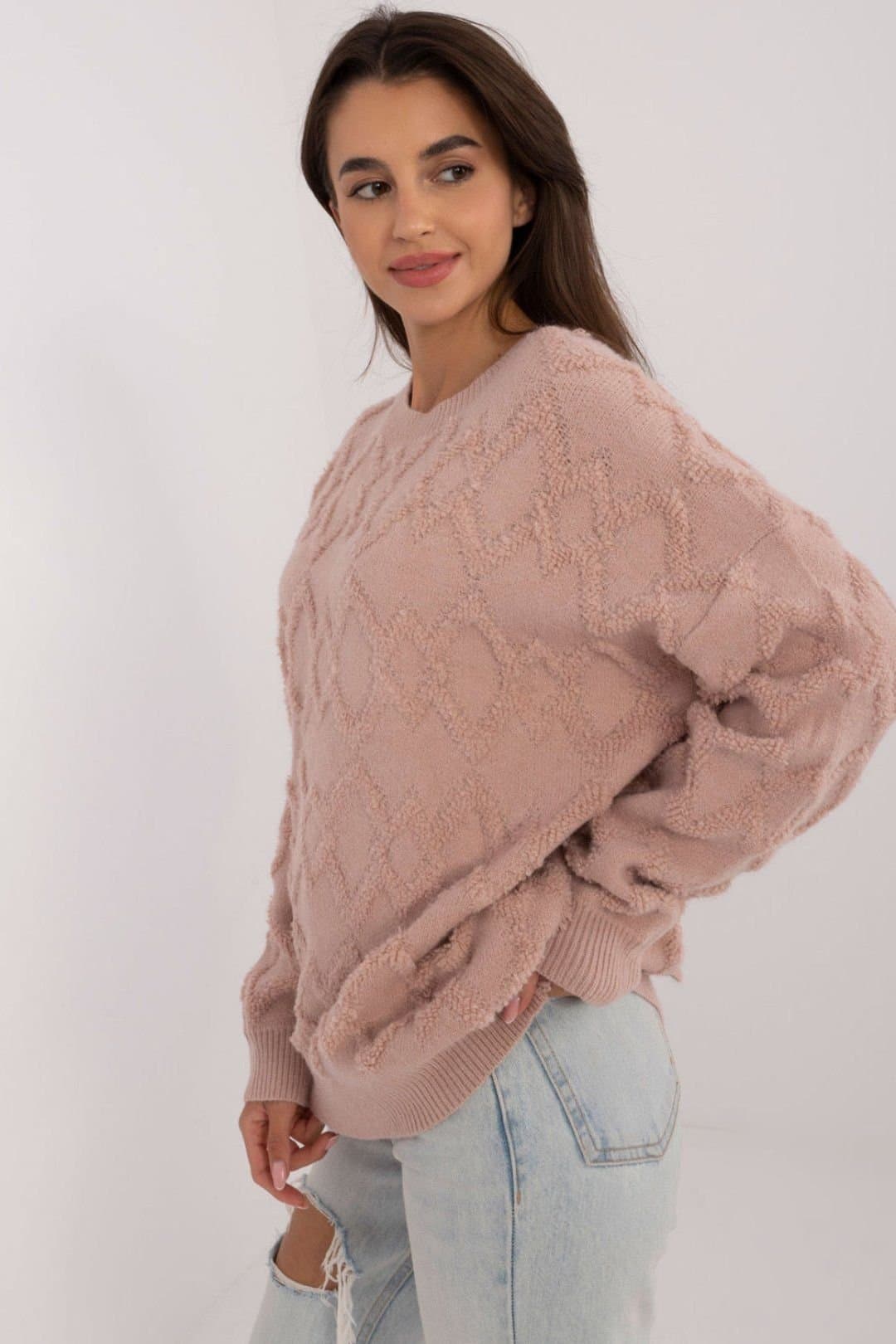 Love Lace Love Lace Women's Textured Casual Round Neck Knit Sweater in Pink