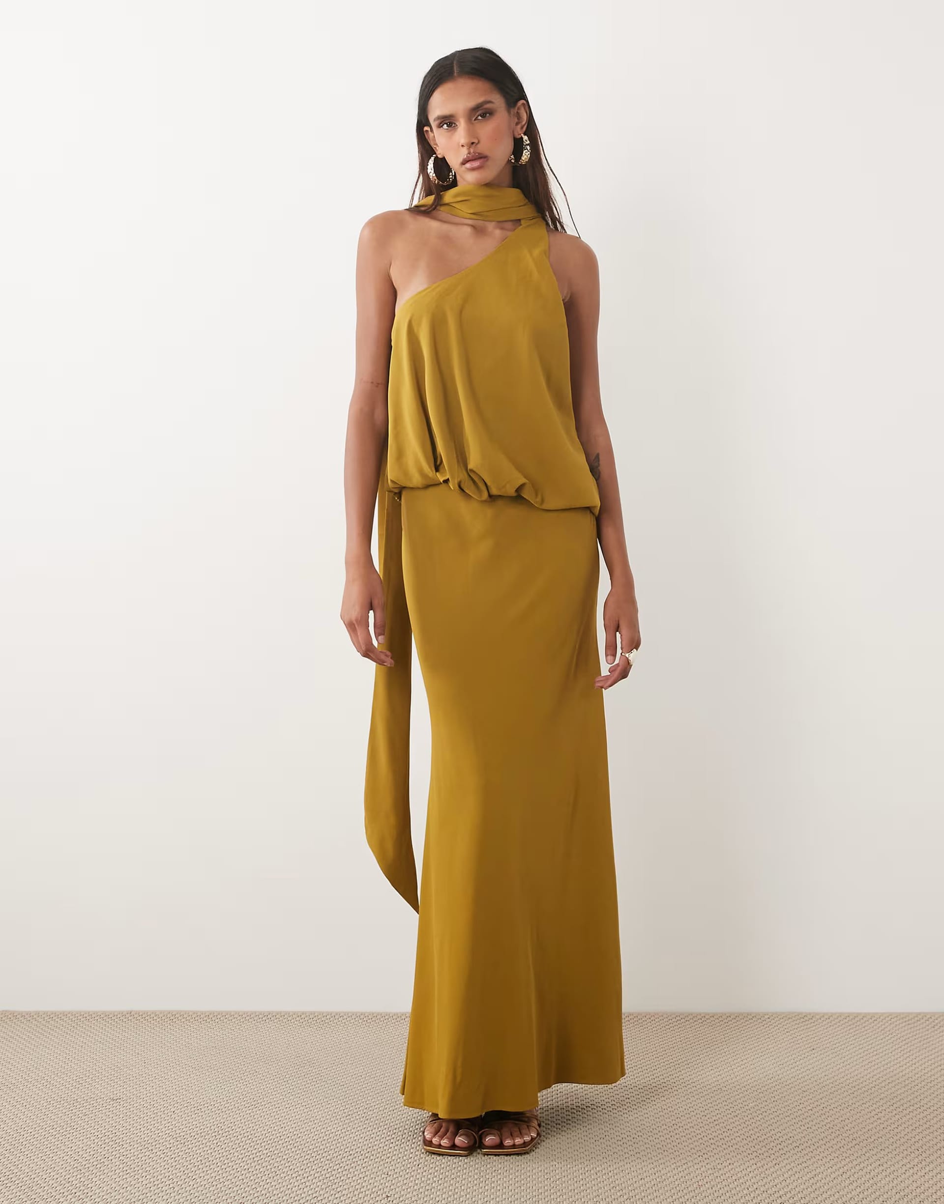 ASOS DESIGN Tall one shoulder with tie neck maxi dress in ochre