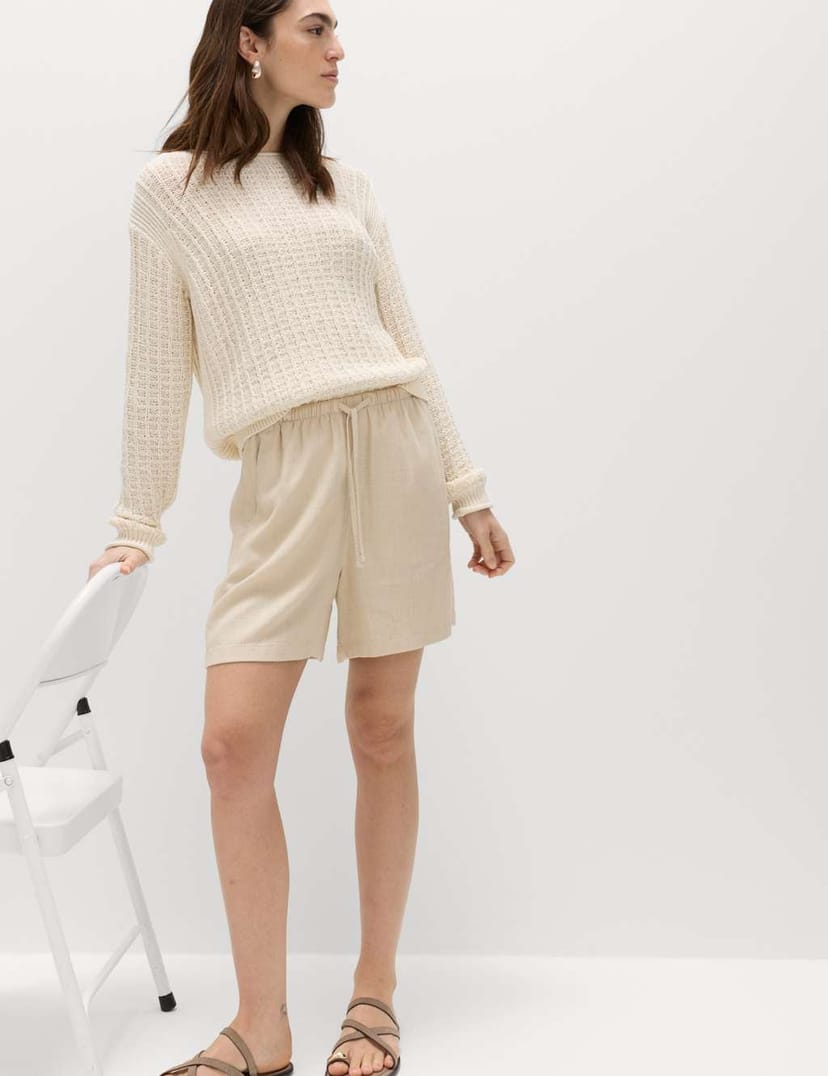 Marks & Spencer M&S Pull On High Waisted Shorts with Linen Beige - 1