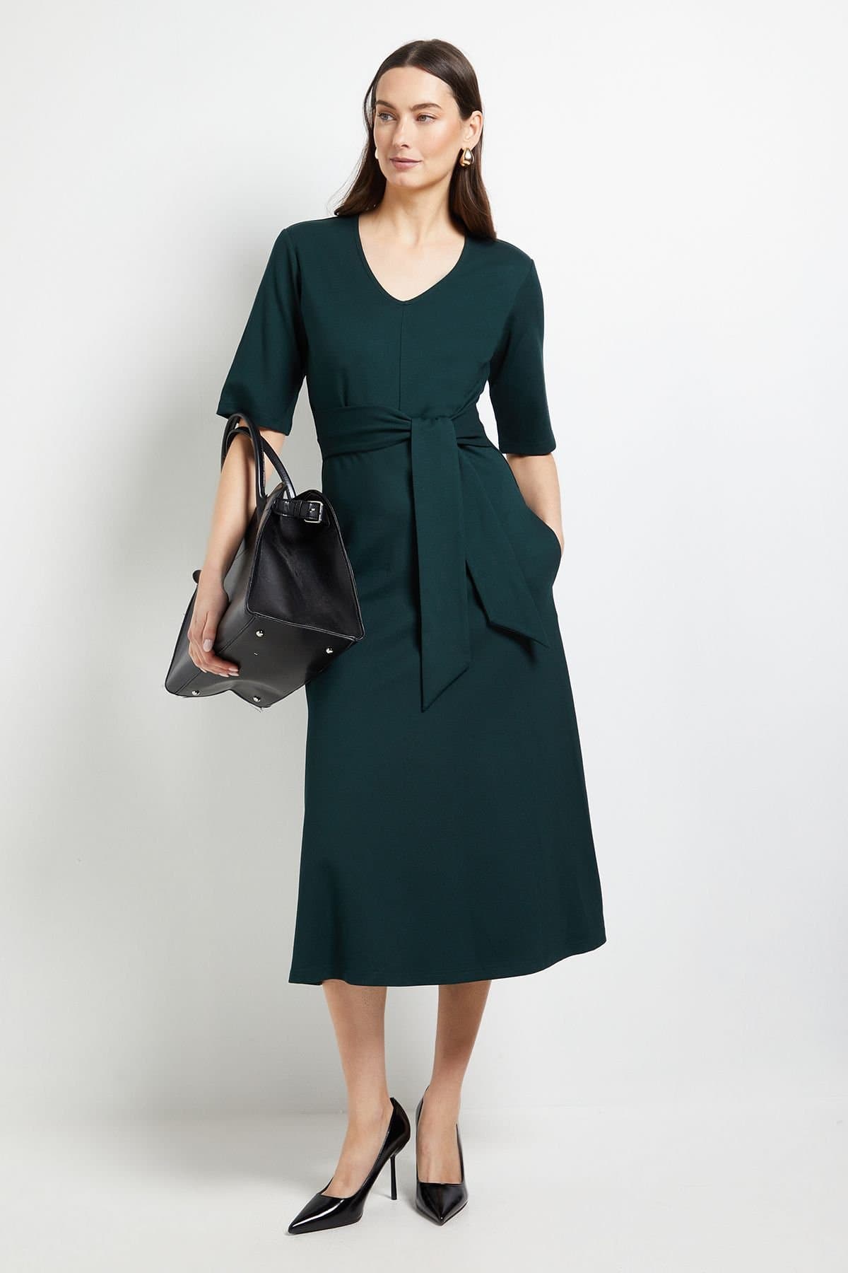 Principles Principles Women's Tailored Ponte Belted Midi Dress in Forest