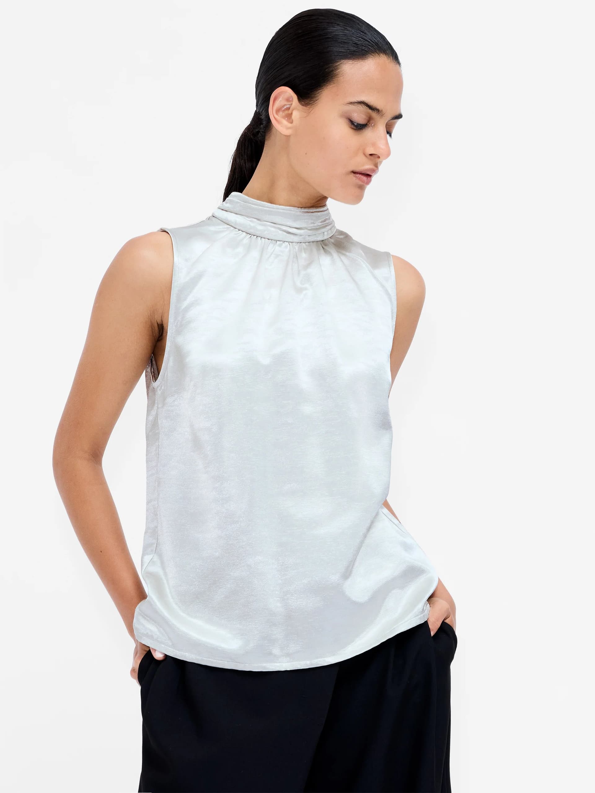 French Connection Lizah Silver Satin Pussybow Sleeveless Top Silver Frost