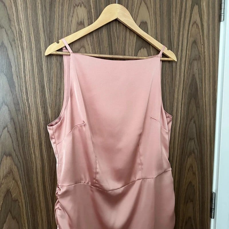 ASOS ASOS Pink Satin Ruched Side Race Strap Cami Mini Dress UK 16 - 1