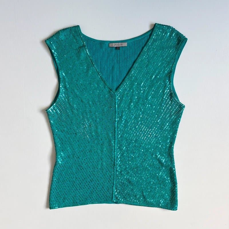 Jaeger Vintage Jaeger turquoise sparkly sequin vest top