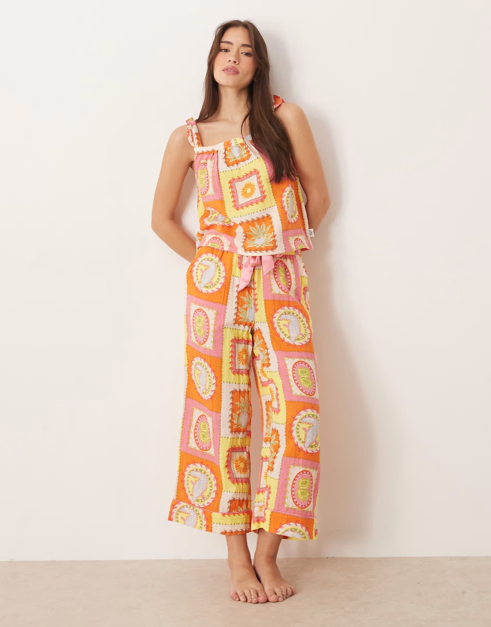 ASOS Chelsea Peers tropical grid print cheesecloth cami long nightwear set in multi