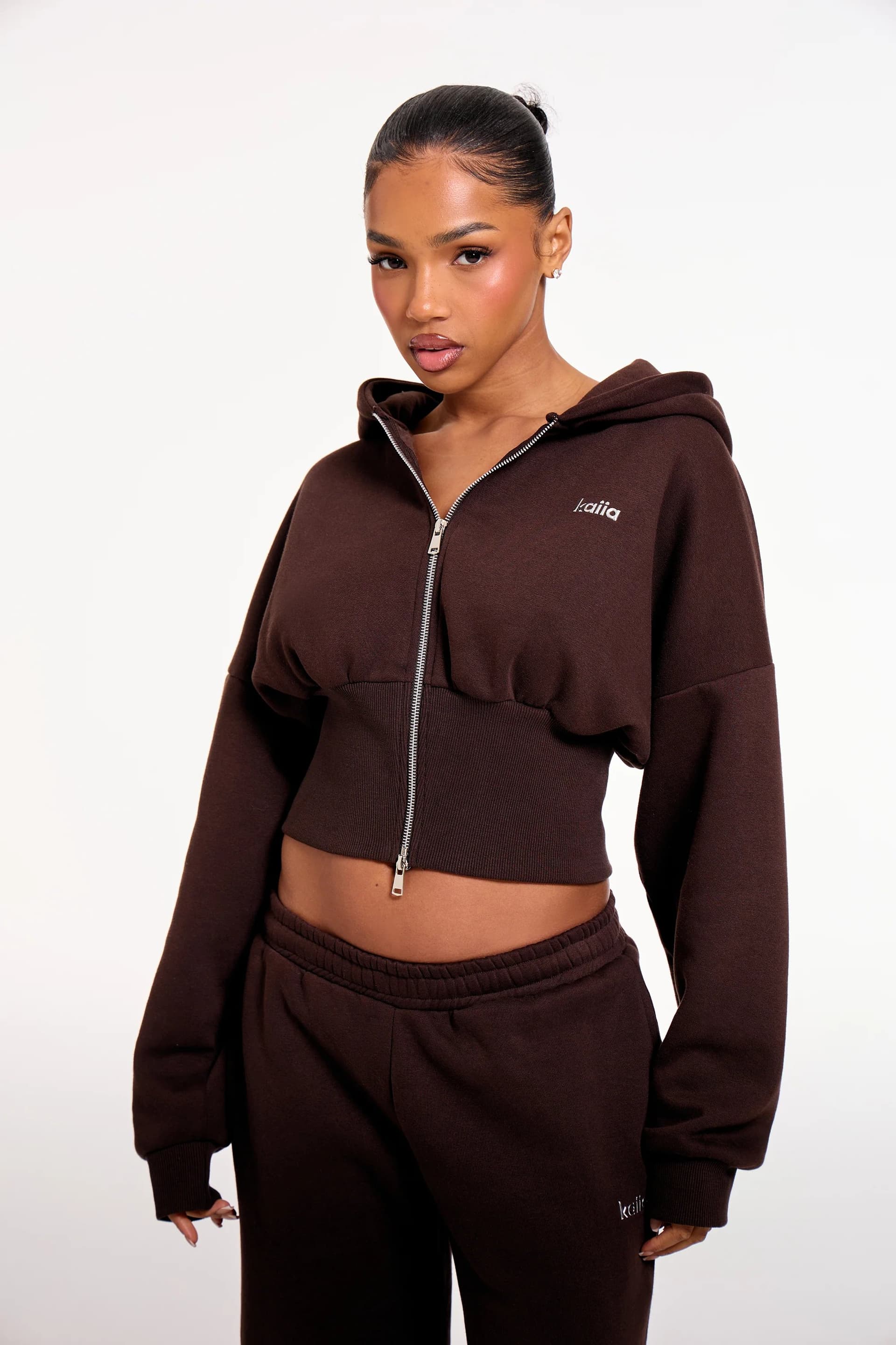Kaiia Kaiia Chrome Logo Corset Zip Through Hoodie Bitter Chocolate