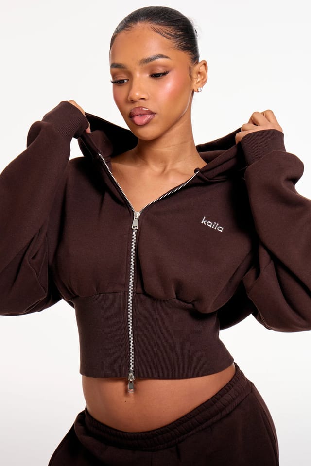 Kaiia Kaiia Chrome Logo Corset Zip Through Hoodie Bitter Chocolate - 2