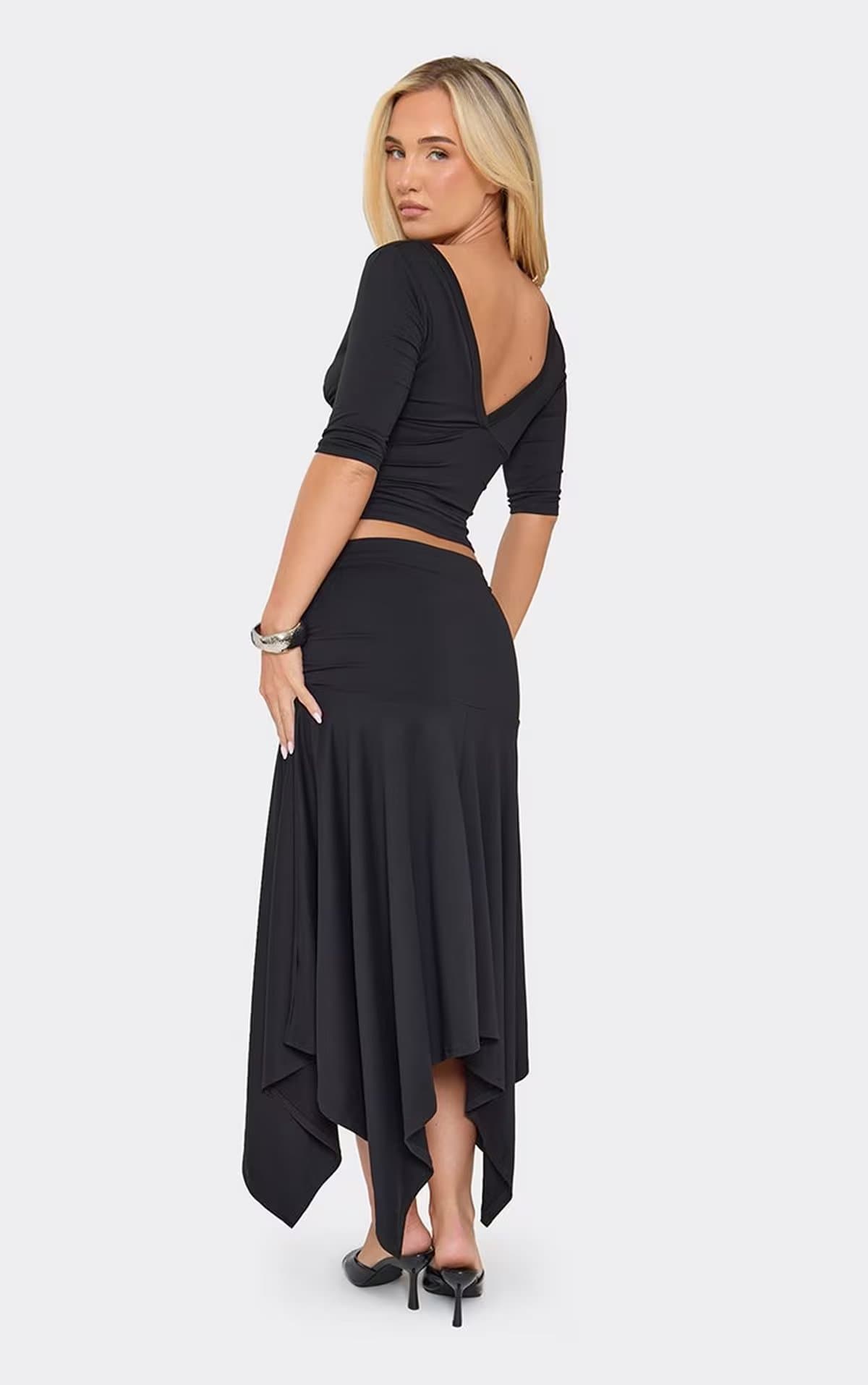 EGO Mid Rise Frilly Asymmetric Hem Midi Skirt In Black, Women's Size UK 6