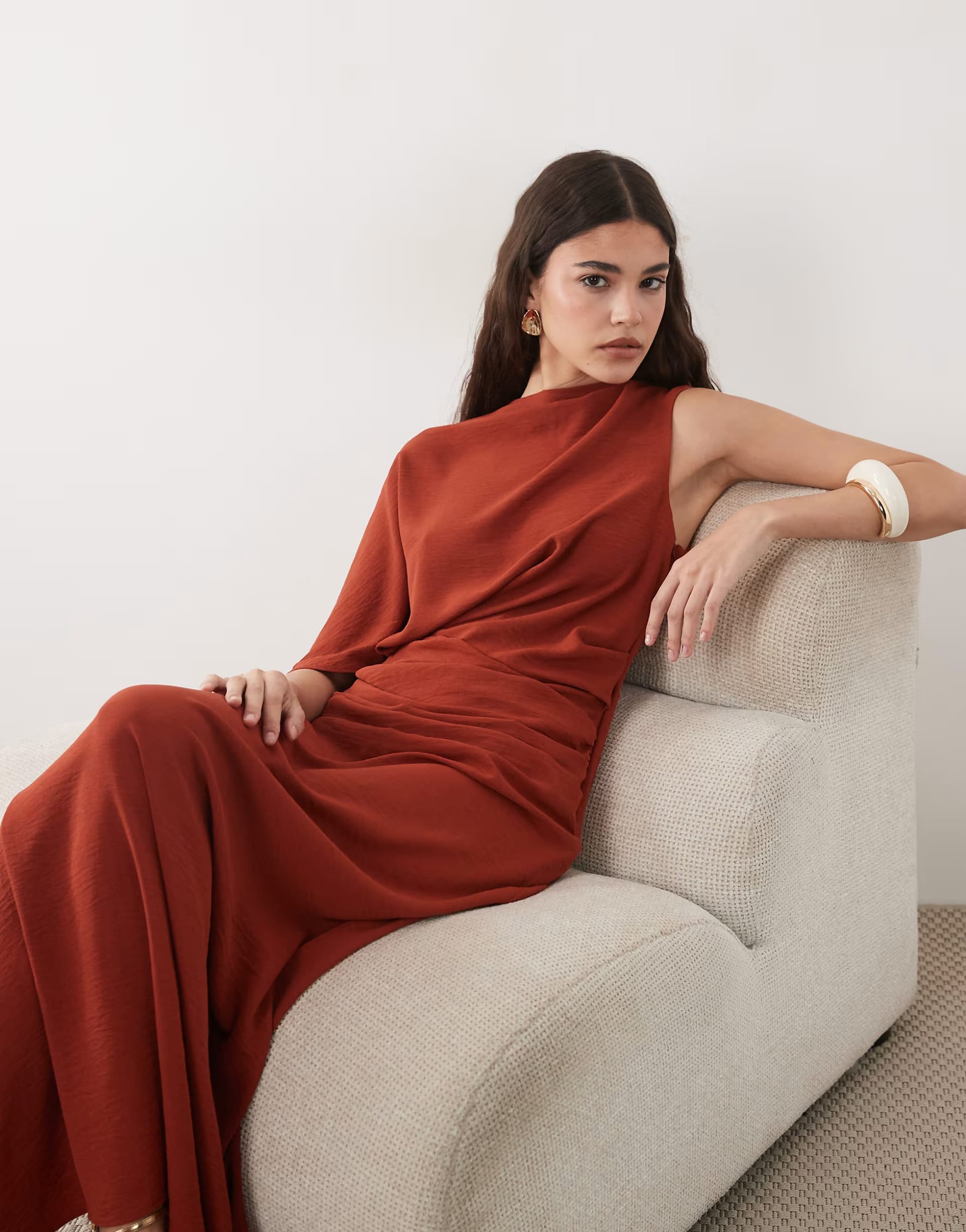 ASOS Rust One Sleeve Maxi Dress with Pleat Waist Detail